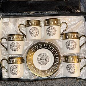 Versace espresso, cups, and saucers